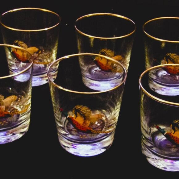 Vintage Lot of 6 Dema England Hand Painted Pheasant Cocktail Glasses - Picture 1 of 1